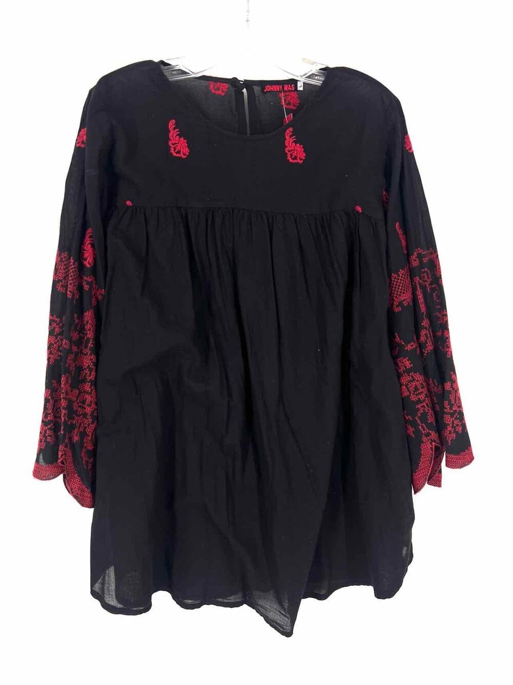 Johnny Was Size L Black/Red Cross-Stitch Gathered Designer Tunic